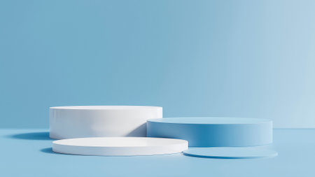 Abstract minimal scene with blue and white podiums. 3d renderの写真素材