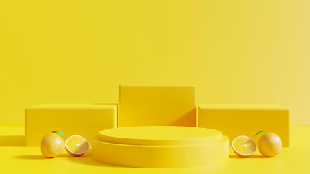 Abstract minimal scene with yellow podiums and fruits. 3d renderの写真素材