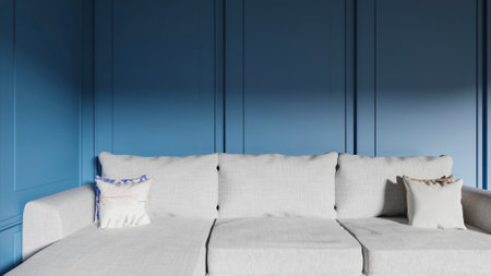 Sofa with pillows in blue interior. 3d renderの写真素材