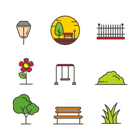 Set of park related icon, park related vector illustrationのイラスト素材