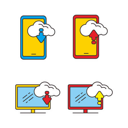 Set of cloud store icon with outline design. Smartphone with cloud storage iconのイラスト素材