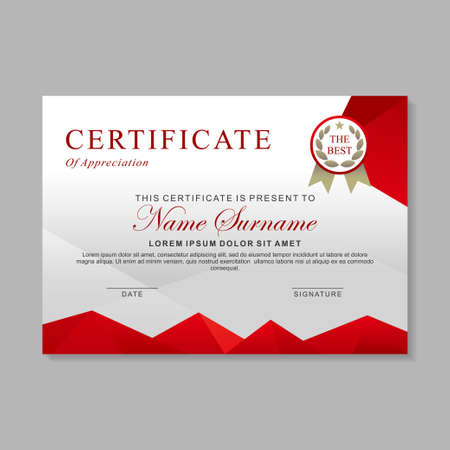 Certificate template design with red and white color. Certificate layout with minimal designのイラスト素材