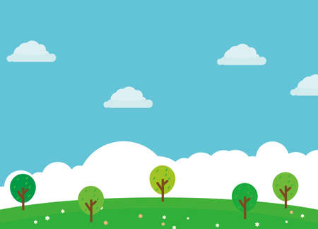 Nature landscape cartoon illustration green grass, flower, trees and blue sky suitable for kids backgroundのイラスト素材