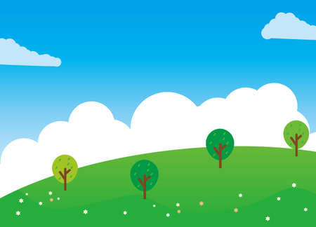 Nature landscape cartoon illustration green grass, flower, trees and blue sky suitable for kids backgroundのイラスト素材