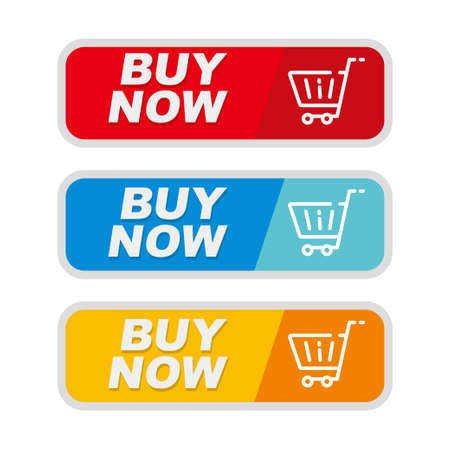 Buy now button with square shape and three different color isolated on white backgroundのイラスト素材