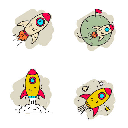 Set of rocket vector illustration on cute and colorful doodle style isolated on white backgroundのイラスト素材