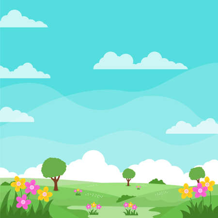Nature landscape vector illustration in cute cartoon style with flowers, trees and bright sky suitable for kids backgroundのイラスト素材