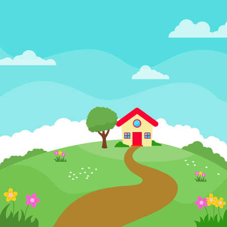 House on hill vector illustration in cute cartoon style with flowers and blue skyのイラスト素材