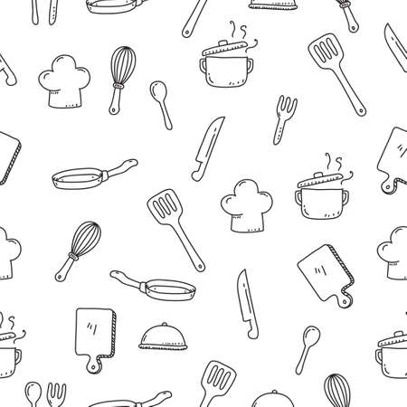 Cute utensils seamless doodle pattern in hand drawn style suitable for backgroundのイラスト素材