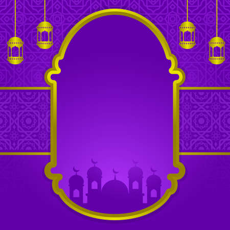 Purple ramadan template background with arabic pattern, mosque silhouette and hanging lantern decorationのイラスト素材