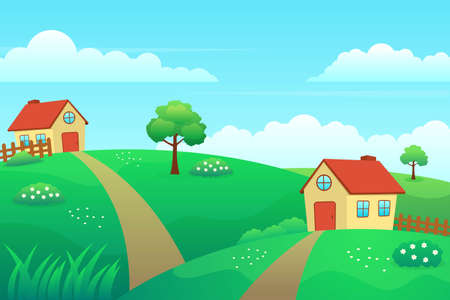 House in hill vector illustration with green grass and bright sky. Village cartoonのイラスト素材