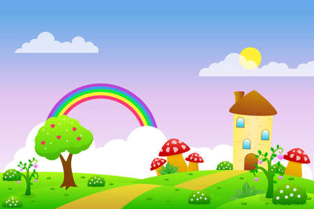 Cute fairy tale landscape vector illustration with old house, rainbow, bright sky, mushroom and others suitable for fantasy backgroundのイラスト素材