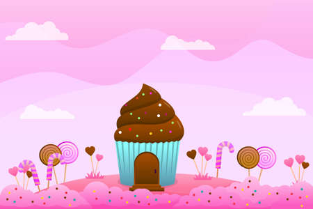 Cute fantasy cake house and candies vector illustration on pink landscape suitable for childhood backgroundのイラスト素材