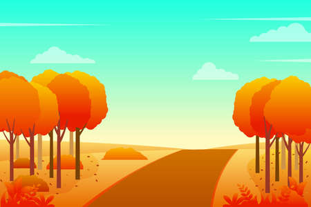 Nature landscape in autumn season vector illustration with orange leaves and bright sky. Autumn landscape backgroundのイラスト素材