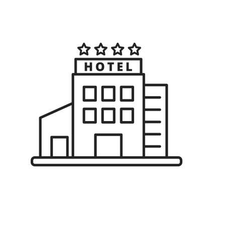 Hotel vector illustration in simple black line design isolated on white background. Hotel iconのイラスト素材