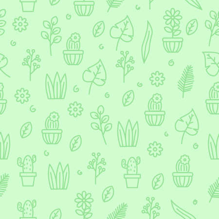 Plant seamless pattern in doodle style with green color suitable for backgroundのイラスト素材