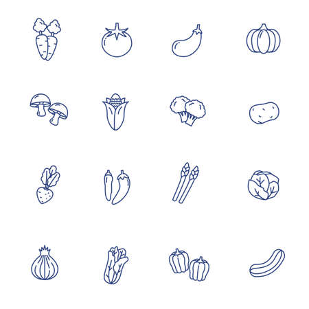 Vegetable icons collection in simple line design with blue color isolated on white backgroundのイラスト素材