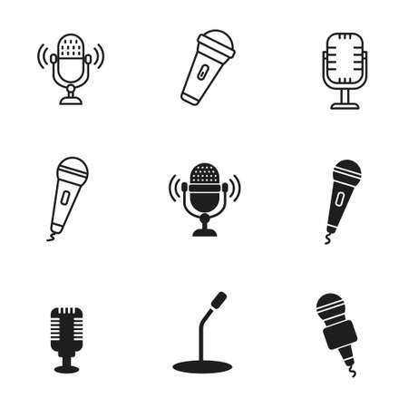Microphone icons collection draw in outline and black design isolated on white background. Simple microphone vector illustrationのイラスト素材