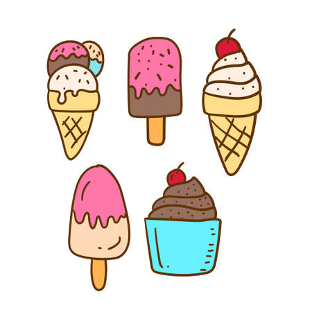 Ice cream vectors collection draw in cute hand drawn style isolated on white backgroundのイラスト素材