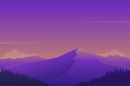 Beautiful sunset at mountain landscape scene vector illustration with minimalist design and purple color suitable for background or wallpaperのイラスト素材