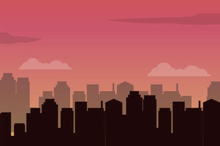 Vector of beautiful city view with buildings silhouette and sunset sky suitable for illustration and backgroundのイラスト素材
