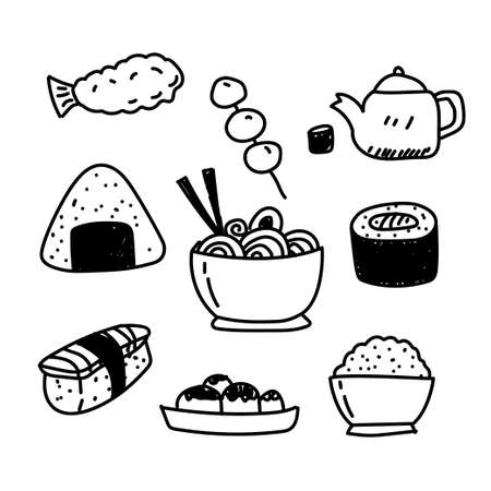 Hand drawn japanese foods doodle collection such as sushi, onigiri and more isolated on white backgroundのイラスト素材