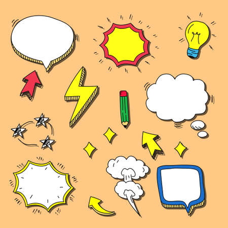 Set of bubble speech and comic elements vector draw in colorful hand drawn style isolated on orange backgroundのイラスト素材