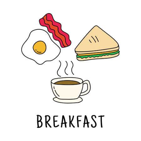Breakfast foods cartoon illustration in cute hand drawn style such as coffee, egg, bacon and sandwich isolated on white backgroundのイラスト素材