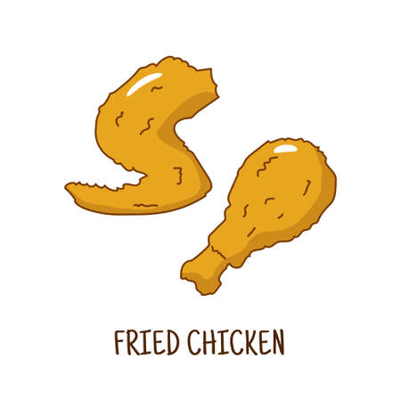 Fried chicken cartoon illustration in cute colorful hand drawn style isolated on white backgroundのイラスト素材