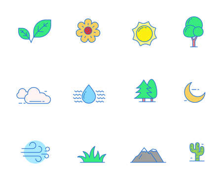 Colorful linear style of nature icons set such as leaf, flower and more, isolated on white backgroundのイラスト素材
