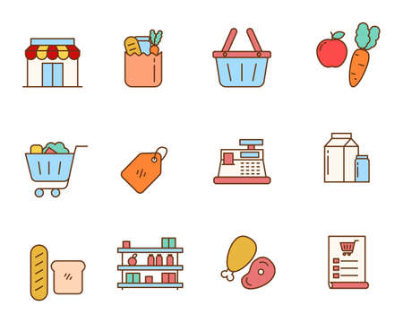 Set of grocery store related vector illustration with cute design. Colorful linear style of grocery store icon setのイラスト素材