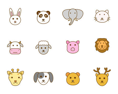 Cute animals face vector illustration with collection with simple design isolated on white...