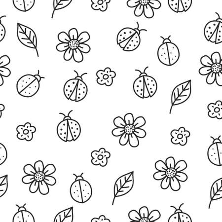 Cute ladybug and flowers seamless pattern with doodle style suitable for background or textileのイラスト素材
