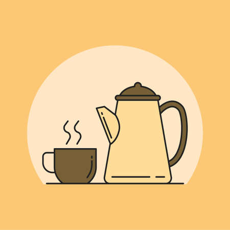 Simple cup of coffee and kettle vector illustration. Coffee linear color style iconのイラスト素材