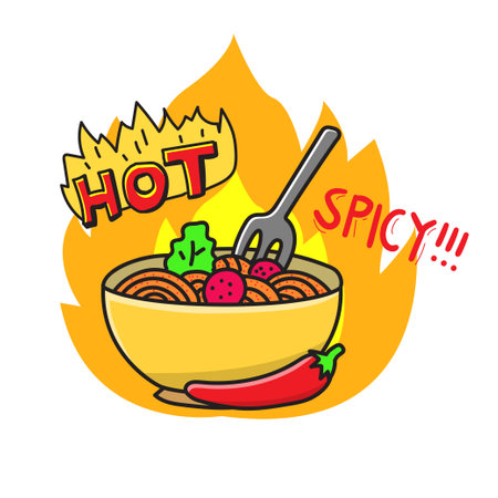 Bowl of spicy noodle with chili pepper vector illustration isolated on white backgroundのイラスト素材