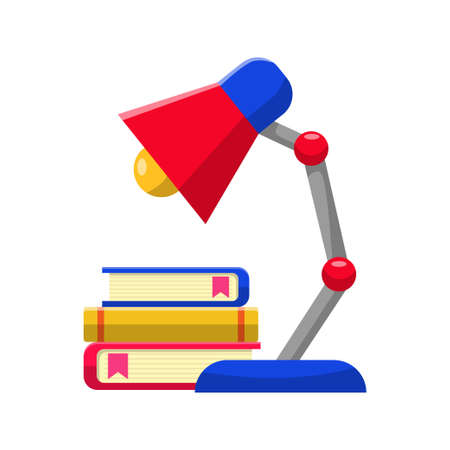 Desk lamp with books vector illustration in flat style isolated on white backgroundのイラスト素材