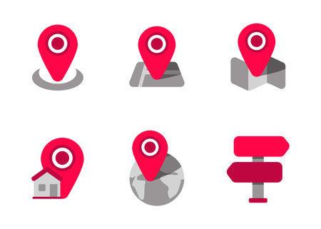 Set of location icon with flat design and red color isolated on white backgroundのイラスト素材