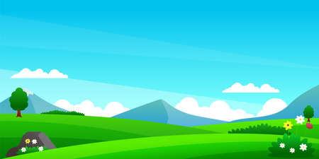 Nature landscape vector illustration with green meadow and blue sky suitable for backgroundのイラスト素材