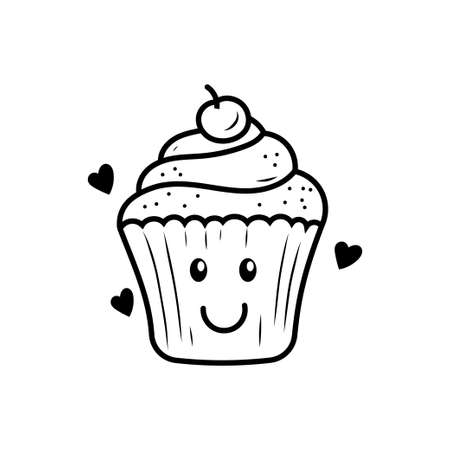 Cute cupcake doodle illustration with a facial expression on isolated backgroundのイラスト素材
