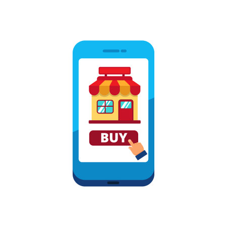 Store building with phone vector suitable for online shopping concept illustration. Online store iconのイラスト素材