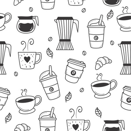 Seamless coffee doodle pattern with a black and white design suitable for background or wallpaperのイラスト素材