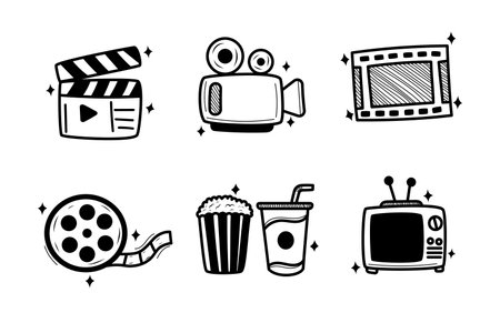 Set of movie elements vector illustration in cute doodle style isolated on white backgroundのイラスト素材