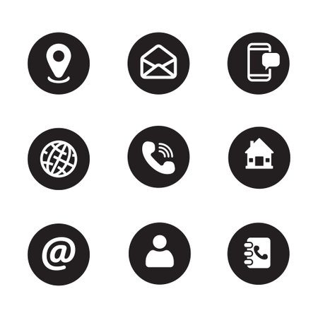 Set contact icon with black and white color in a round shape isolated on white backgroundのイラスト素材