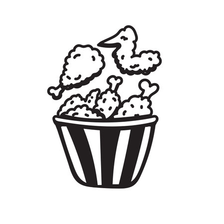 Basket of fried chicken vector in cute hand-drawn style isolated on white background. Fried chicken doodle illustrationのイラスト素材