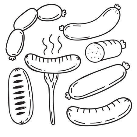 Set of sausage doodles on a white background. Hand-drawn sausage vector illustrationsのイラスト素材