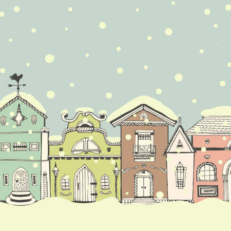 Christmas/New Year illustration with houses. Perfect european street with snow.のイラスト素材
