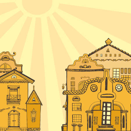 Colorful hand drawn european city street with cute houses. Vector file organized in groups for easy editing.のイラスト素材