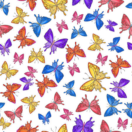 Hand drawn butterfly seamless texture made in vector. Perfect colorful summer background. のイラスト素材