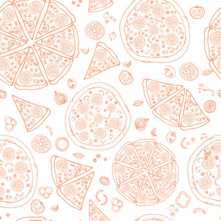 Perfect seamless pattern with of tasty pizza. Italian pizza ingredients including tomatos, pepper, cheese, bacon, shrimps, onion, mushroom. Pizza menu illustration.のイラスト素材