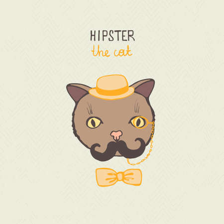 Hipster cat isolated on background with hipster elements and icons. Vintage style card template. 

のイラスト素材